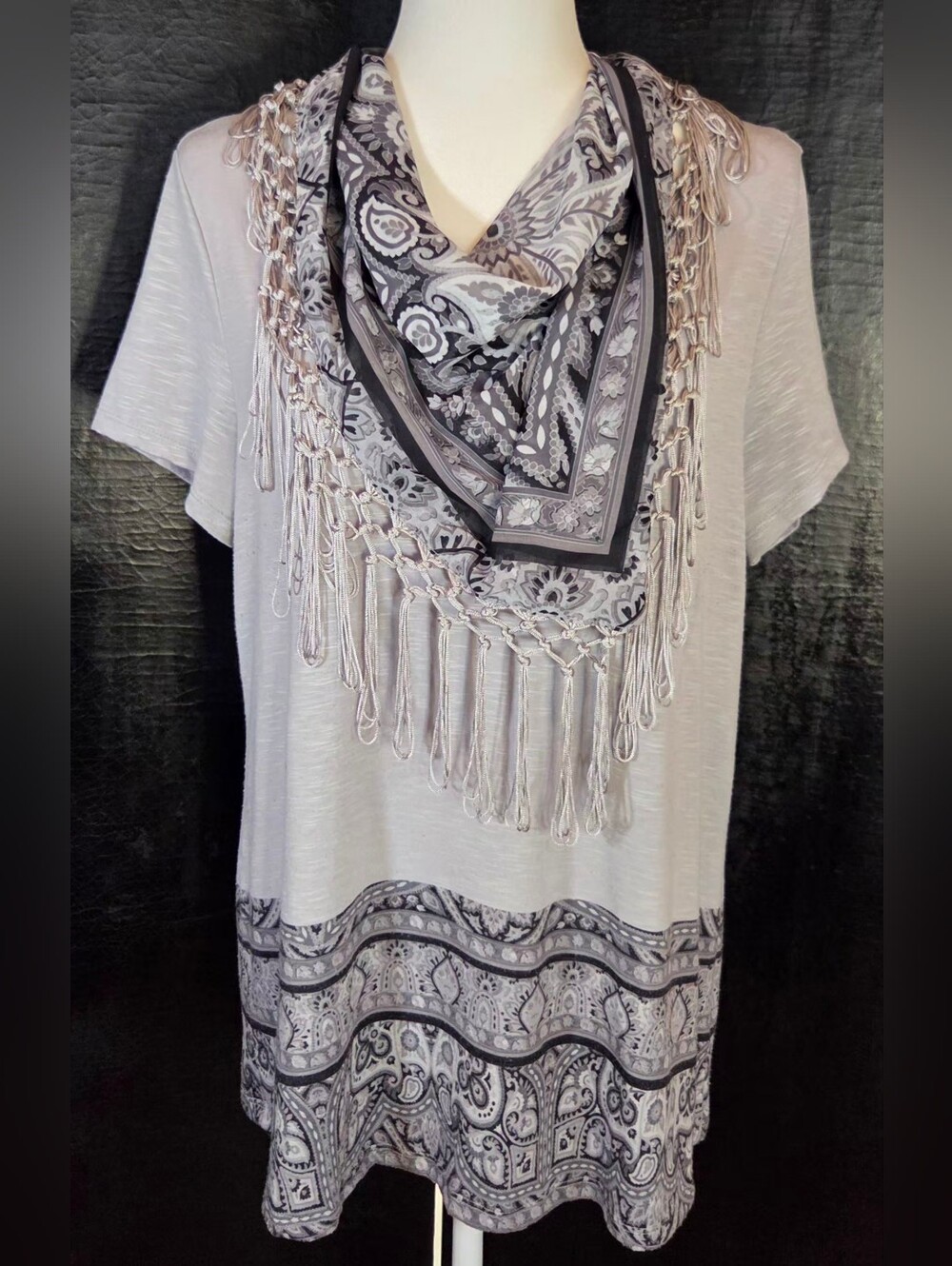 One World Live & Let Live Gray Space Dye Scarf Top Set M - Picture 2 of 16